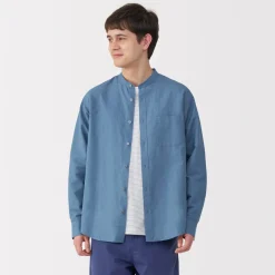 New Men's Hemp Cotton Stand Collar Shirt Shirts & Polos