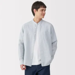 Outlet Men's Hemp Cotton Stand Collar Striped Shirt Shirts & Polos