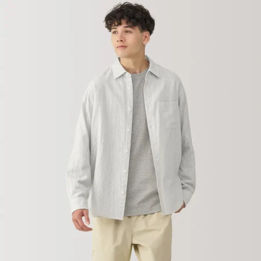 Best Men's Kapok Blend Double Gauze Long Sleeve Striped Shirt Shirts & Polos