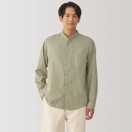 Discount Men's Kapok Blend Double Gauze Stand Collar Long Sleeve Shirt Shirts & Polos