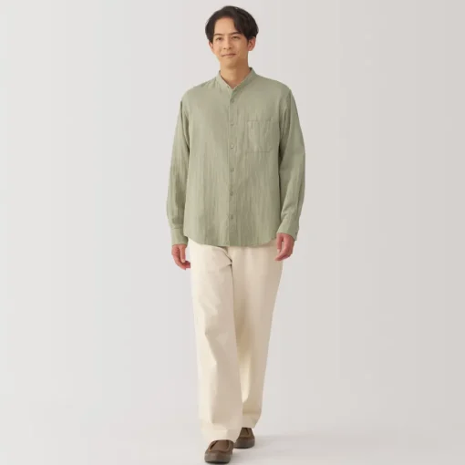 Discount Men's Kapok Blend Double Gauze Stand Collar Long Sleeve Shirt Shirts & Polos