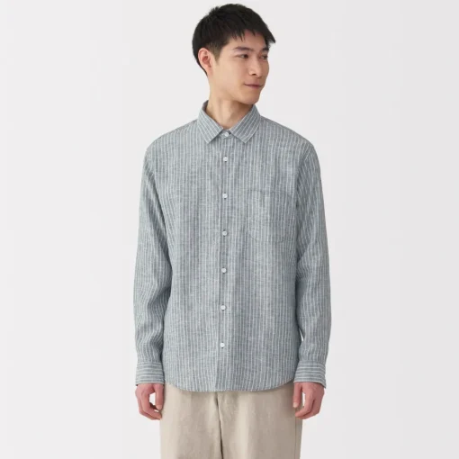 Hot Men's Washed Linen Striped Shirt Shirts & Polos