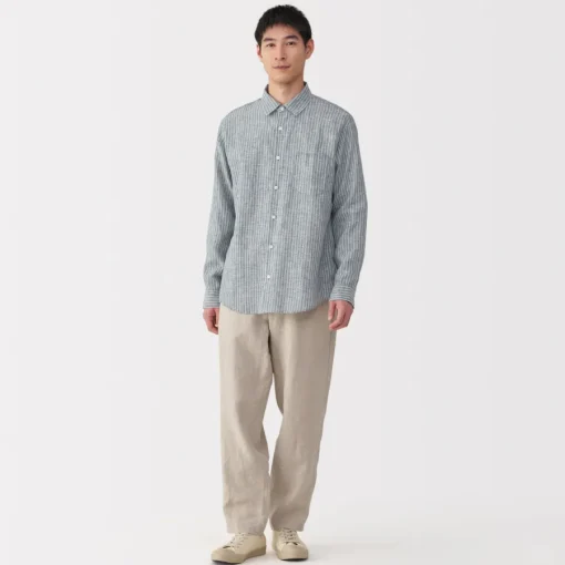 Hot Men's Washed Linen Striped Shirt Shirts & Polos