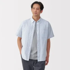 Fashion Men's Washed Oxford Button Down Short Sleeve Striped Shirt Shirts & Polos