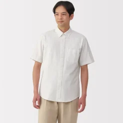 Fashion Men's Washed Oxford Button Down Short Sleeve Striped Shirt Shirts & Polos
