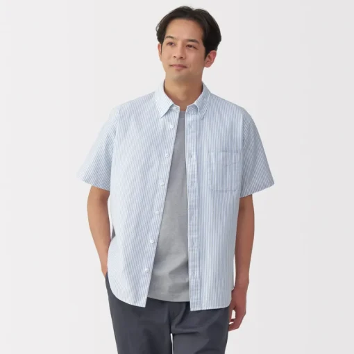 Fashion Men's Washed Oxford Button Down Short Sleeve Striped Shirt Shirts & Polos