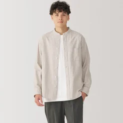 Online Men's Washed Oxford Stand Collar Long Sleeve Striped Shirt Shirts & Polos