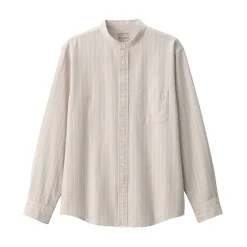 Online Men's Washed Oxford Stand Collar Long Sleeve Striped Shirt Shirts & Polos