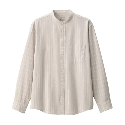Online Men's Washed Oxford Stand Collar Long Sleeve Striped Shirt Shirts & Polos