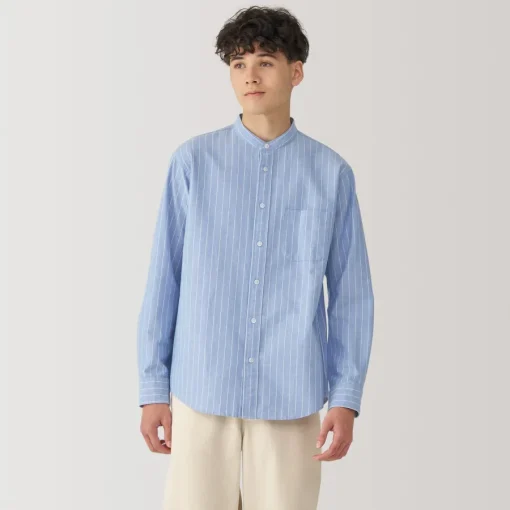 Online Men's Washed Oxford Stand Collar Long Sleeve Striped Shirt Shirts & Polos