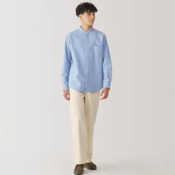Online Men's Washed Oxford Stand Collar Long Sleeve Striped Shirt Shirts & Polos