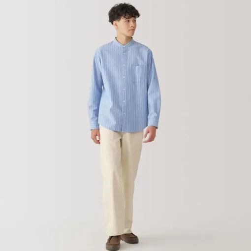 Online Men's Washed Oxford Stand Collar Long Sleeve Striped Shirt Shirts & Polos
