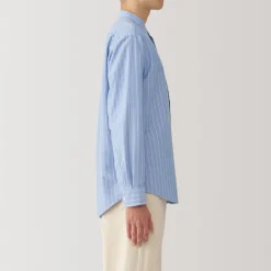 Online Men's Washed Oxford Stand Collar Long Sleeve Striped Shirt Shirts & Polos