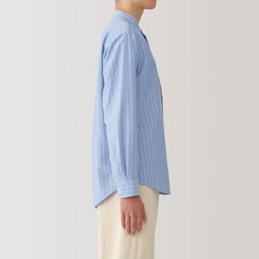 Online Men's Washed Oxford Stand Collar Long Sleeve Striped Shirt Shirts & Polos