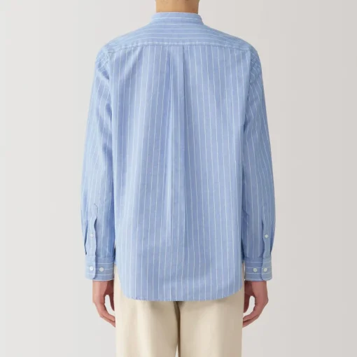 Online Men's Washed Oxford Stand Collar Long Sleeve Striped Shirt Shirts & Polos