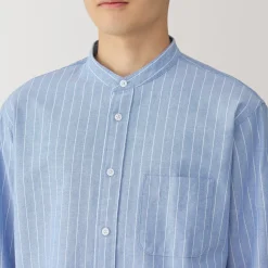 Online Men's Washed Oxford Stand Collar Long Sleeve Striped Shirt Shirts & Polos
