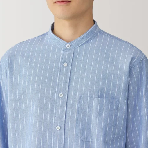 Online Men's Washed Oxford Stand Collar Long Sleeve Striped Shirt Shirts & Polos