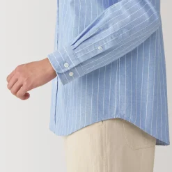 Online Men's Washed Oxford Stand Collar Long Sleeve Striped Shirt Shirts & Polos