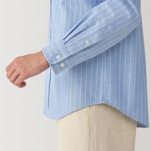Online Men's Washed Oxford Stand Collar Long Sleeve Striped Shirt Shirts & Polos