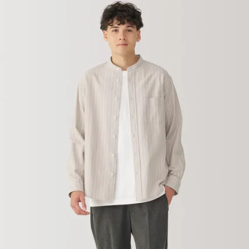 Online Men's Washed Oxford Stand Collar Long Sleeve Striped Shirt Shirts & Polos