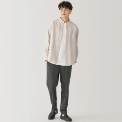 Online Men's Washed Oxford Stand Collar Long Sleeve Striped Shirt Shirts & Polos