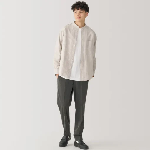 Online Men's Washed Oxford Stand Collar Long Sleeve Striped Shirt Shirts & Polos