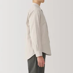 Online Men's Washed Oxford Stand Collar Long Sleeve Striped Shirt Shirts & Polos