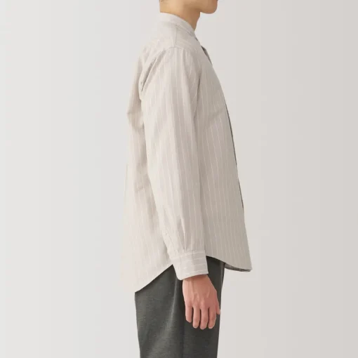 Online Men's Washed Oxford Stand Collar Long Sleeve Striped Shirt Shirts & Polos