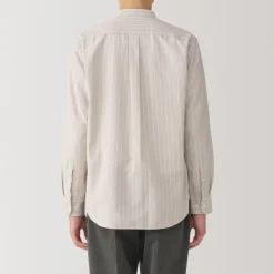 Online Men's Washed Oxford Stand Collar Long Sleeve Striped Shirt Shirts & Polos