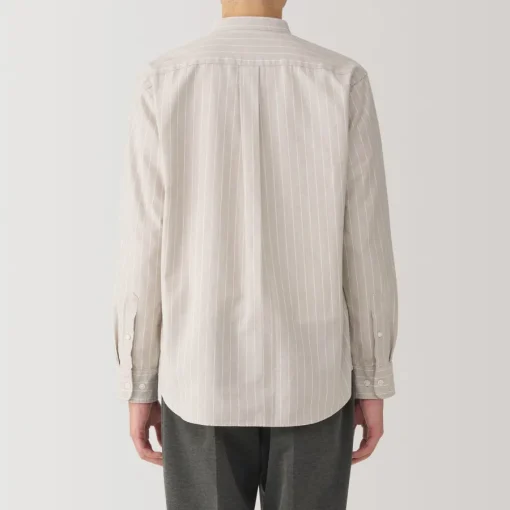 Online Men's Washed Oxford Stand Collar Long Sleeve Striped Shirt Shirts & Polos