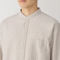 Online Men's Washed Oxford Stand Collar Long Sleeve Striped Shirt Shirts & Polos