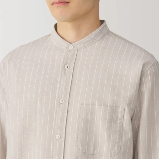 Online Men's Washed Oxford Stand Collar Long Sleeve Striped Shirt Shirts & Polos