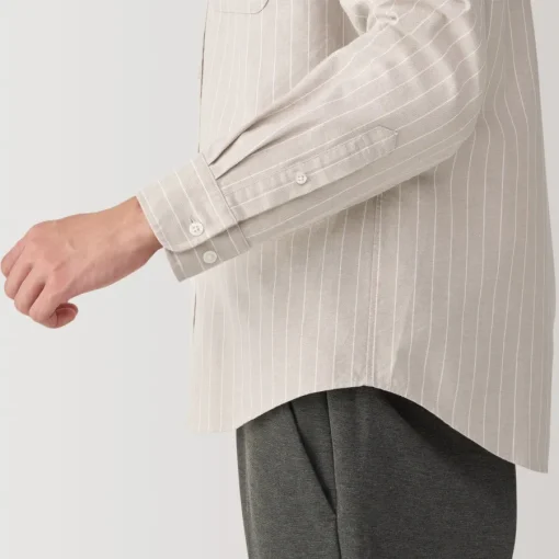 Online Men's Washed Oxford Stand Collar Long Sleeve Striped Shirt Shirts & Polos