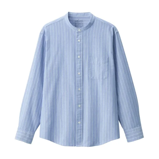 Online Men's Washed Oxford Stand Collar Long Sleeve Striped Shirt Shirts & Polos