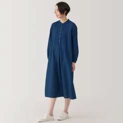 Online Women's Cotton Voile Indigo Long Sleeve Dress Women Dresses