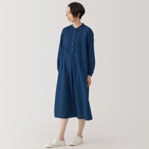Online Women's Cotton Voile Indigo Long Sleeve Dress Women Dresses