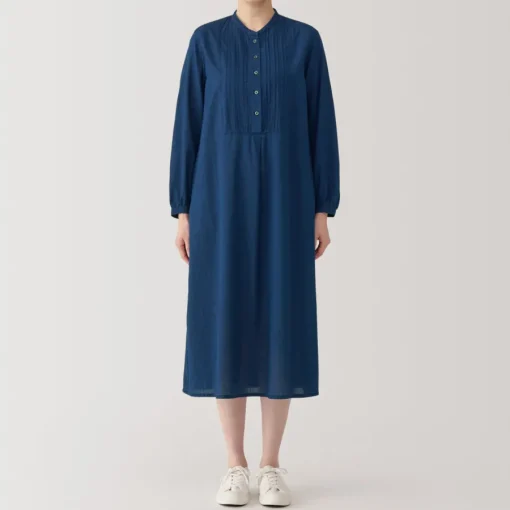 Online Women's Cotton Voile Indigo Long Sleeve Dress Women Dresses