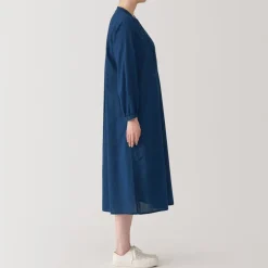 Online Women's Cotton Voile Indigo Long Sleeve Dress Women Dresses