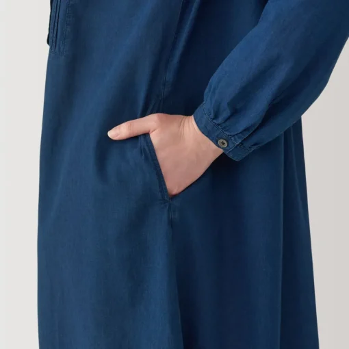 Online Women's Cotton Voile Indigo Long Sleeve Dress Women Dresses
