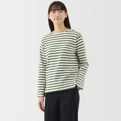 Outlet Women's Heavy Weight Boat Neck Long Sleeve Striped T-Shirt Women T-Shirts