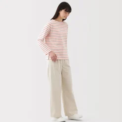 Outlet Women's Heavy Weight Boat Neck Long Sleeve Striped T-Shirt Women T-Shirts