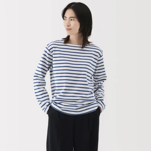 Outlet Women's Heavy Weight Boat Neck Long Sleeve Striped T-Shirt Women T-Shirts