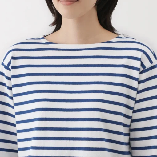 Outlet Women's Heavy Weight Boat Neck Long Sleeve Striped T-Shirt Women T-Shirts