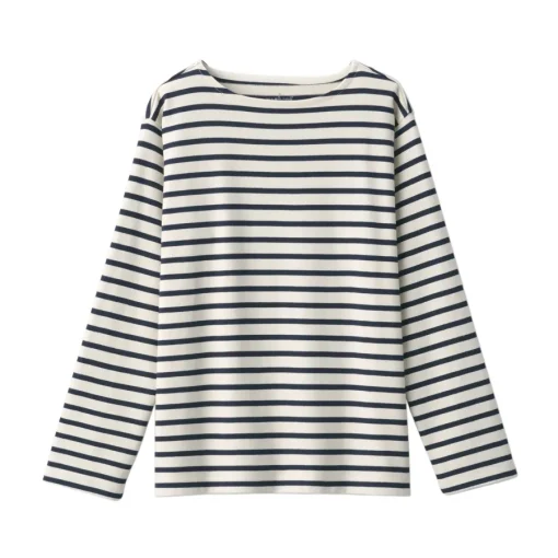 Outlet Women's Heavy Weight Boat Neck Long Sleeve Striped T-Shirt Women T-Shirts
