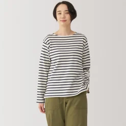 Outlet Women's Heavy Weight Boat Neck Long Sleeve Striped T-Shirt Women T-Shirts