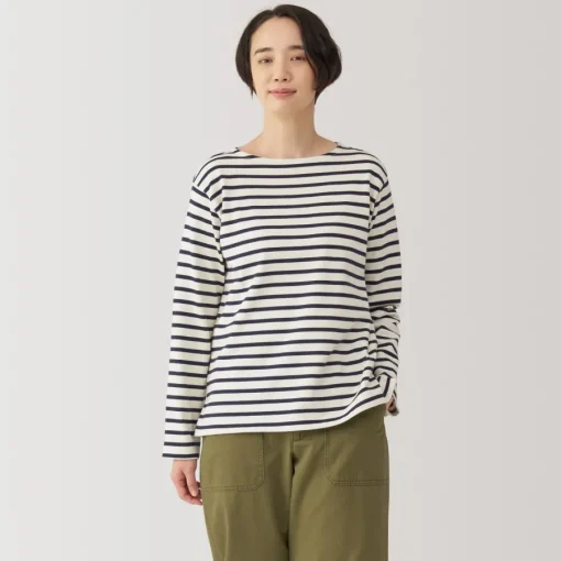 Outlet Women's Heavy Weight Boat Neck Long Sleeve Striped T-Shirt Women T-Shirts