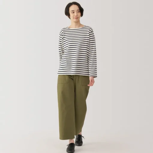 Outlet Women's Heavy Weight Boat Neck Long Sleeve Striped T-Shirt Women T-Shirts