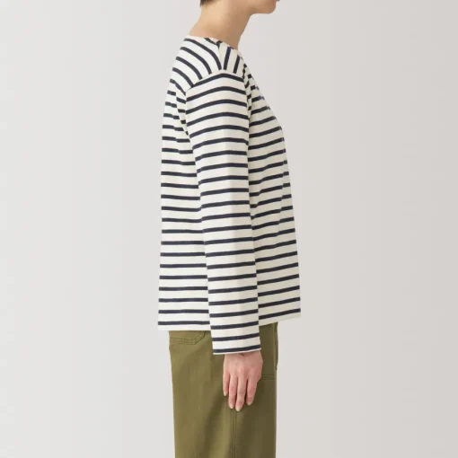 Outlet Women's Heavy Weight Boat Neck Long Sleeve Striped T-Shirt Women T-Shirts