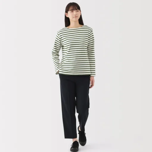 Outlet Women's Heavy Weight Boat Neck Long Sleeve Striped T-Shirt Women T-Shirts
