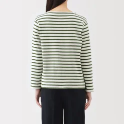 Outlet Women's Heavy Weight Boat Neck Long Sleeve Striped T-Shirt Women T-Shirts